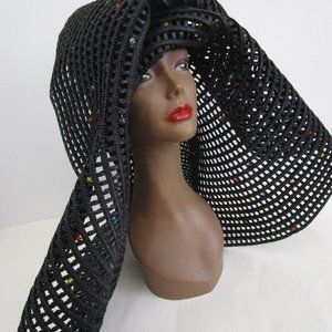 Enormous Oversized Lattice Knit Wide Brim Hat Black Sun Pool Derby